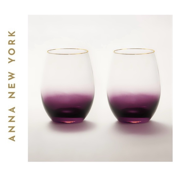 NWT ANNA New York Amethyst Ombre Stemless 24K Gold Rim Wine Glasses Set of 2 NIB - Picture 1 of 5